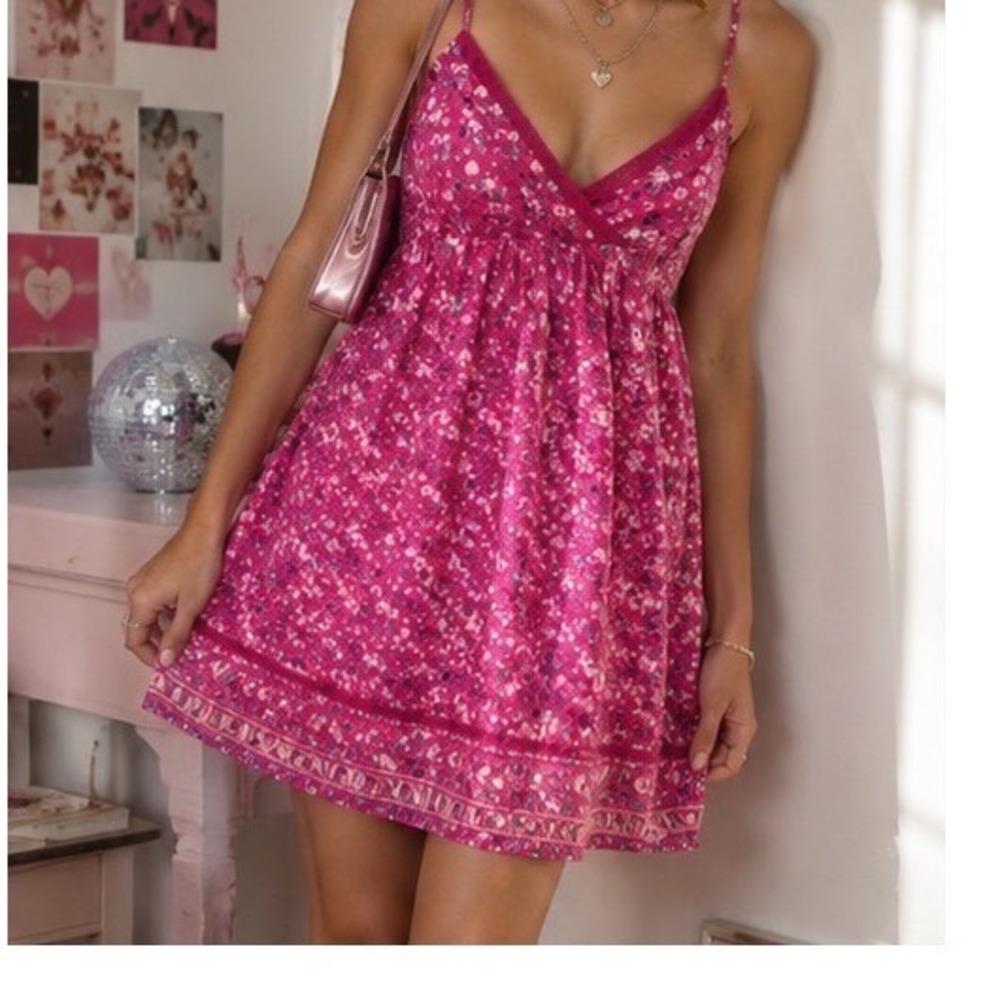 Lei Floral Babydoll Mini Dress Womens Small Pink Y2K Cottagecore Spaghetti Strap